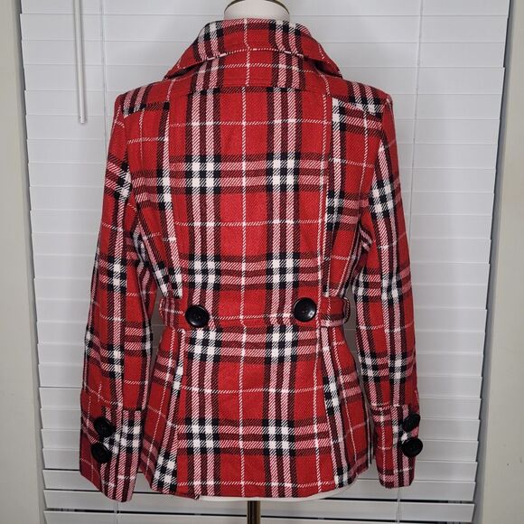 Last‎ Kiss Red Tartan Fall Winter Christmas Woven Plaid Belted Peacoat Medium - Picture 2 of 7